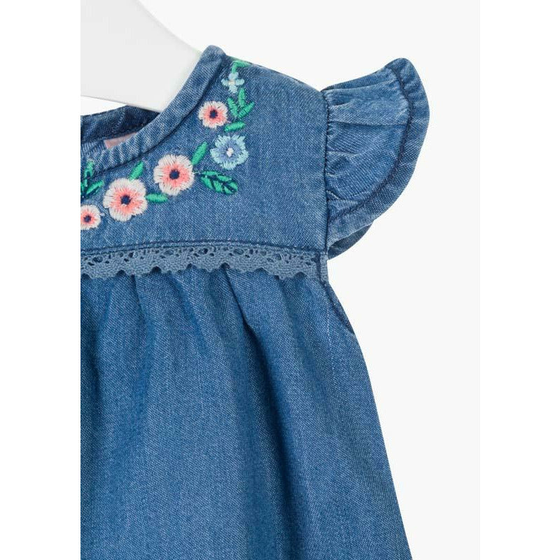 Vestido en tejido vaquero con flores bordadas en cuello bebe 01W-7007