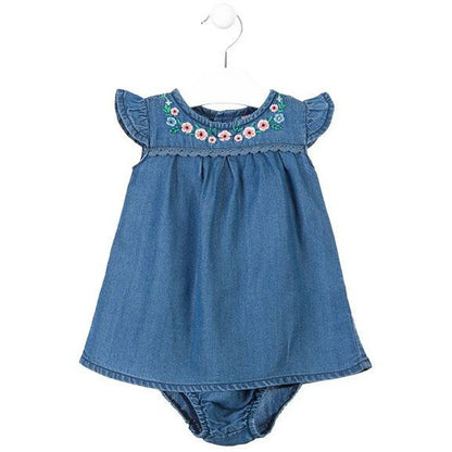Vestido en tejido vaquero con flores bordadas en cuello bebe  01W-7007